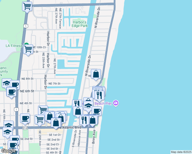 map of restaurants, bars, coffee shops, grocery stores, and more near 3228 Northeast 5th Street in Pompano Beach
