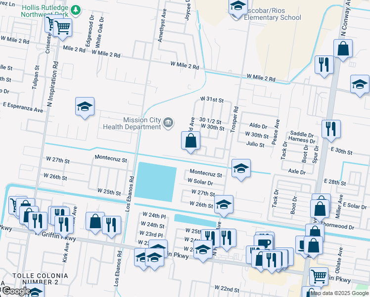 map of restaurants, bars, coffee shops, grocery stores, and more near 2805 Gold Avenue in Mission