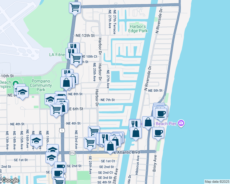 map of restaurants, bars, coffee shops, grocery stores, and more near 2741 Northeast 8th Street in Pompano Beach