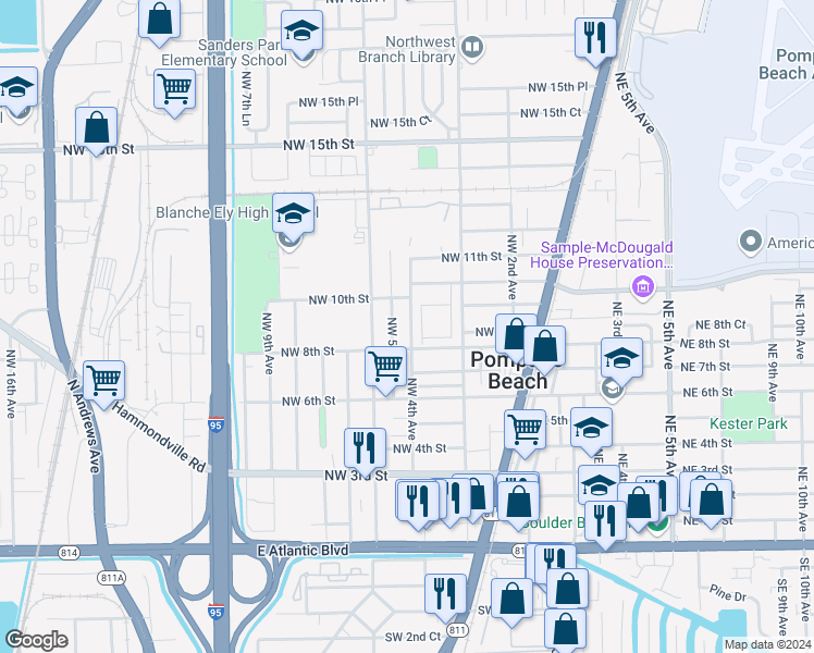 map of restaurants, bars, coffee shops, grocery stores, and more near 851 Northwest 4th Avenue in Pompano Beach
