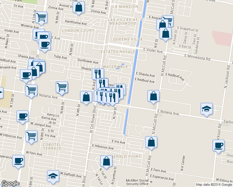 map of restaurants, bars, coffee shops, grocery stores, and more near 100 West Nolana Avenue in McAllen