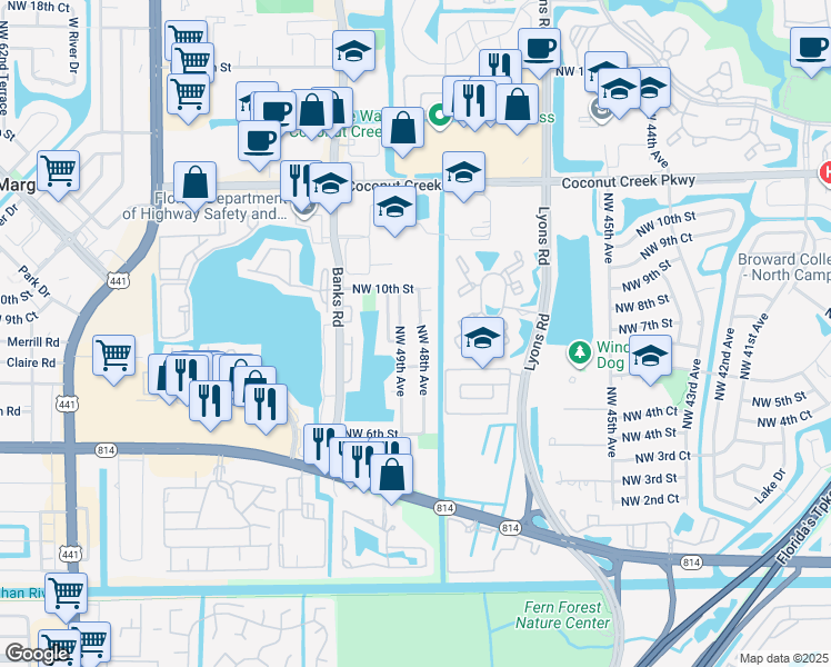 map of restaurants, bars, coffee shops, grocery stores, and more near 841 Northwest 48th Avenue in Coconut Creek