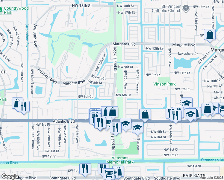 map of restaurants, bars, coffee shops, grocery stores, and more near 145 North Rock Island Road in Margate