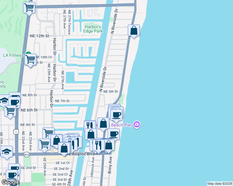 map of restaurants, bars, coffee shops, grocery stores, and more near 3232 Northeast 5th Street in Pompano Beach
