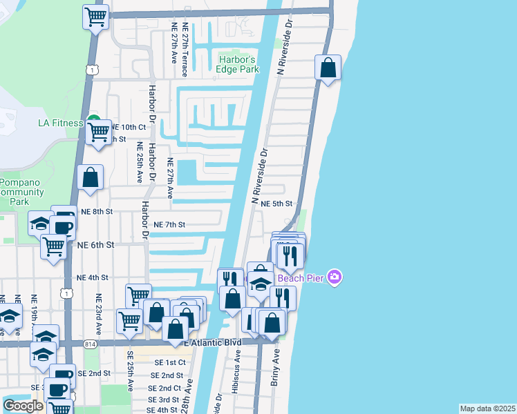 map of restaurants, bars, coffee shops, grocery stores, and more near 7 Northeast 5th Street in Pompano Beach