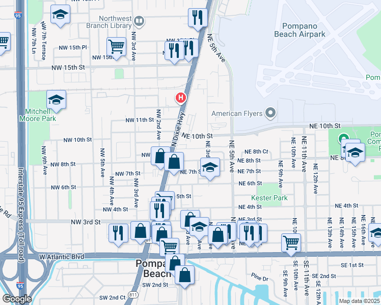 map of restaurants, bars, coffee shops, grocery stores, and more near 108 Northeast 9th Street in Pompano Beach