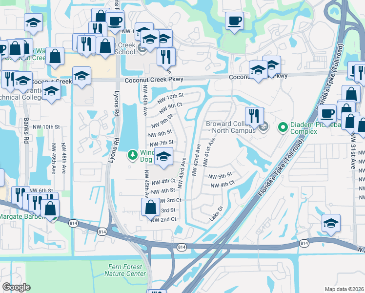 map of restaurants, bars, coffee shops, grocery stores, and more near 700 Northwest 44th Avenue in Coconut Creek