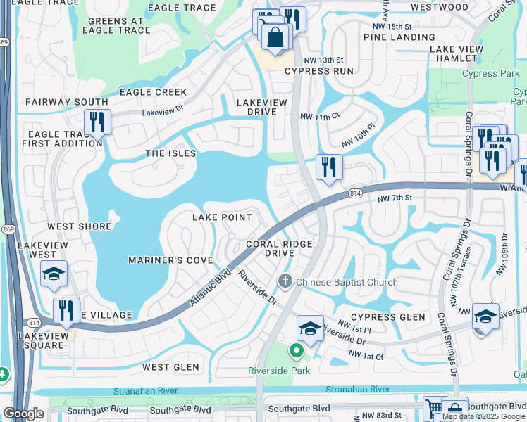 map of restaurants, bars, coffee shops, grocery stores, and more near 11661 West Atlantic Boulevard in Coral Springs