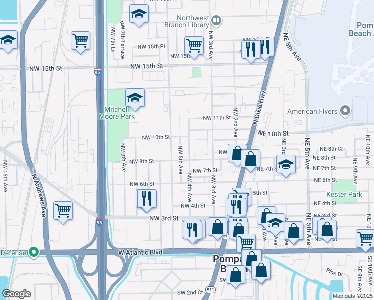 map of restaurants, bars, coffee shops, grocery stores, and more near 851 Northwest 4th Avenue in Pompano Beach