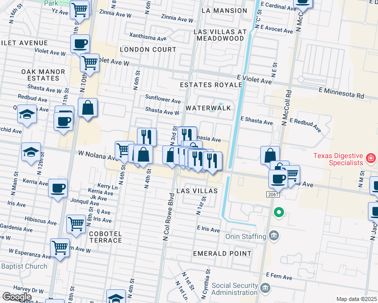 map of restaurants, bars, coffee shops, grocery stores, and more near 4100 North 2nd Street in McAllen