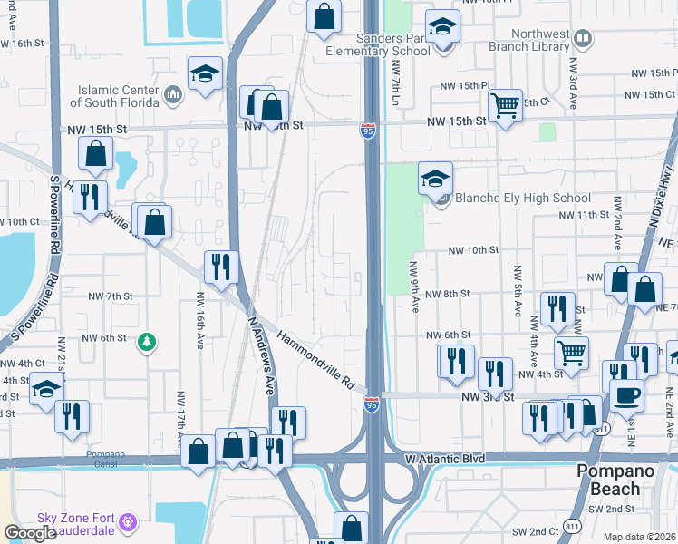 map of restaurants, bars, coffee shops, grocery stores, and more near 878 Northwest 12th Avenue in Pompano Beach