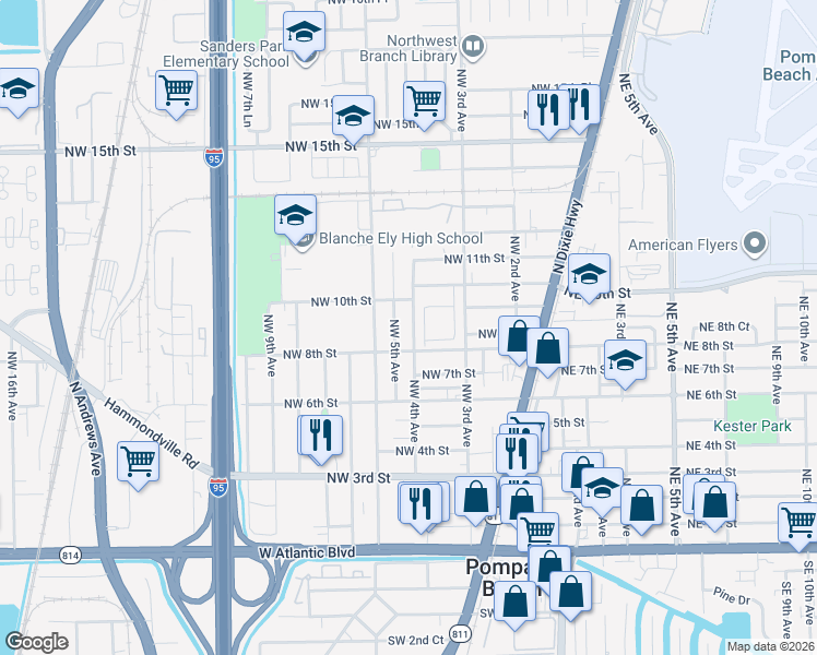 map of restaurants, bars, coffee shops, grocery stores, and more near 851 Northwest 4th Avenue in Pompano Beach
