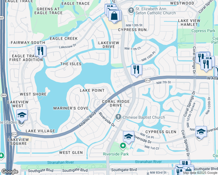 map of restaurants, bars, coffee shops, grocery stores, and more near 11661 West Atlantic Boulevard in Coral Springs