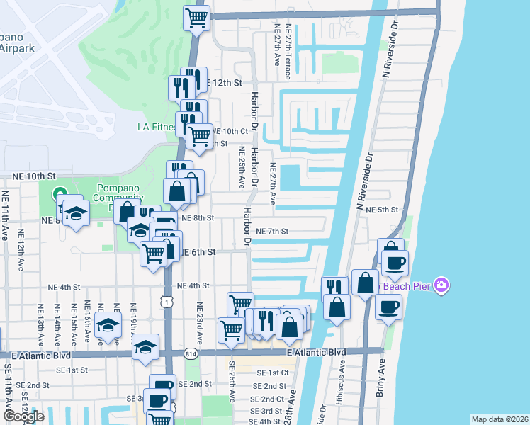 map of restaurants, bars, coffee shops, grocery stores, and more near 2675 Northeast 8th Street in Pompano Beach