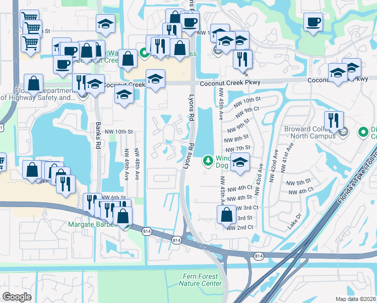 map of restaurants, bars, coffee shops, grocery stores, and more near in Coconut Creek