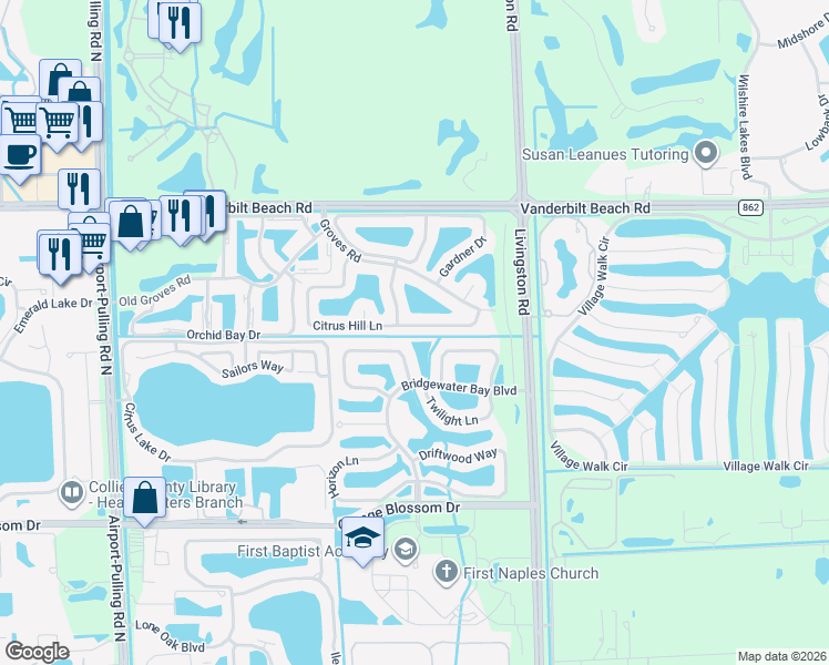 map of restaurants, bars, coffee shops, grocery stores, and more near 7565 Citrus Hill Lane in Naples