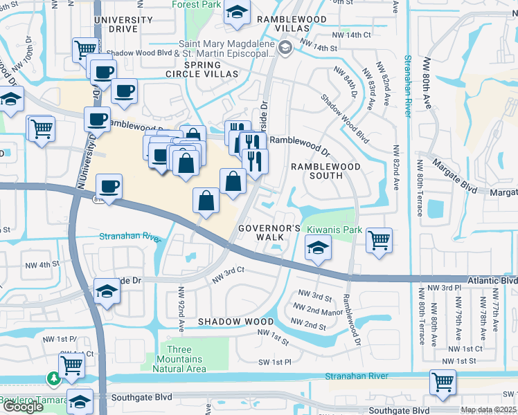 map of restaurants, bars, coffee shops, grocery stores, and more near 626 Northwest 87th Lane in Coral Springs