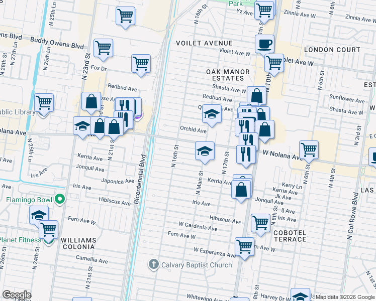 map of restaurants, bars, coffee shops, grocery stores, and more near 1512 Marigold Avenue in McAllen