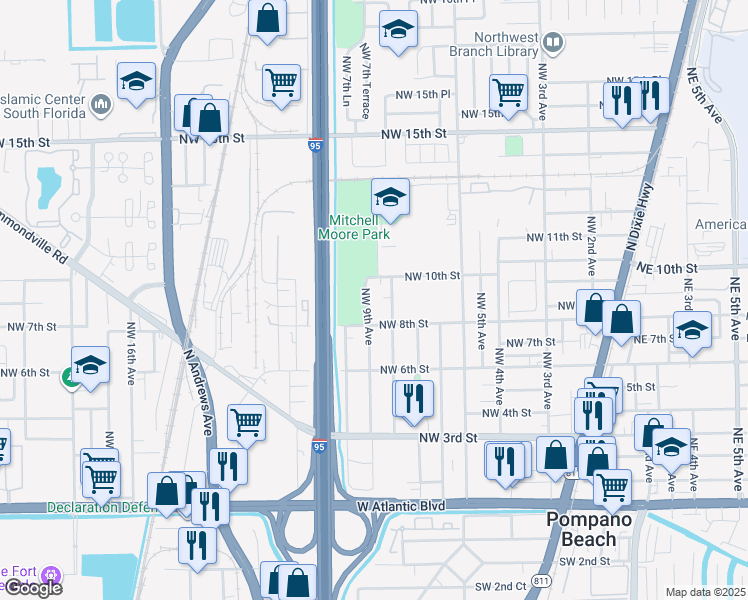 map of restaurants, bars, coffee shops, grocery stores, and more near 930 Northwest 9th Avenue in Pompano Beach
