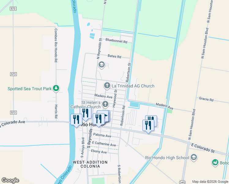 map of restaurants, bars, coffee shops, grocery stores, and more near 201-215 Forrest Ave in Rio Hondo