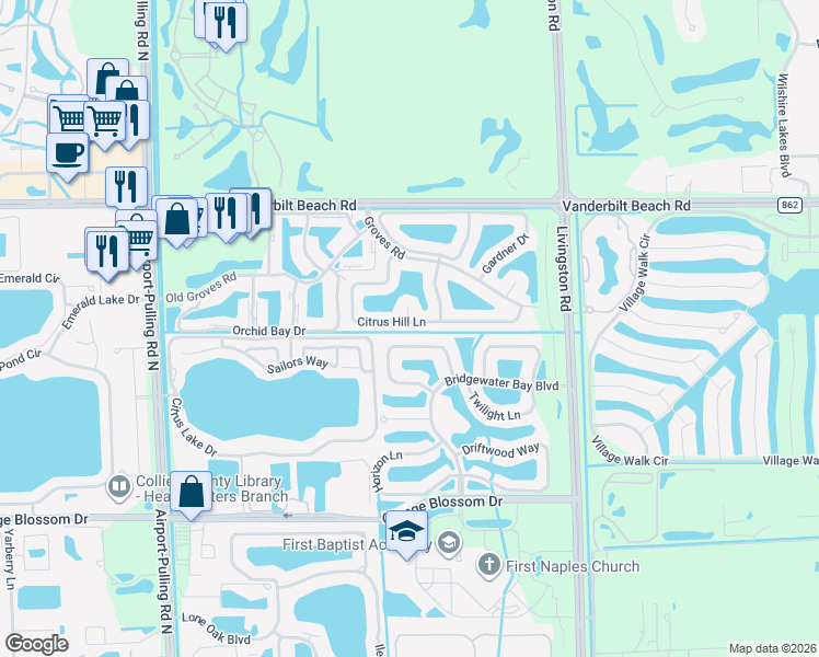 map of restaurants, bars, coffee shops, grocery stores, and more near 7599 Citrus Hill Lane in Naples