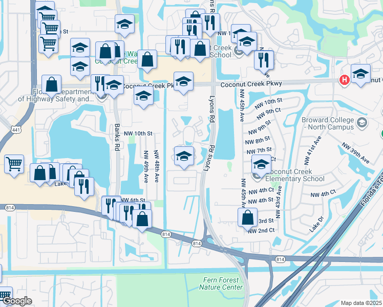 map of restaurants, bars, coffee shops, grocery stores, and more near 651 Lyons Road in Coconut Creek