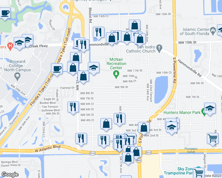 map of restaurants, bars, coffee shops, grocery stores, and more near 2800 Northwest 9th Street in Pompano Beach