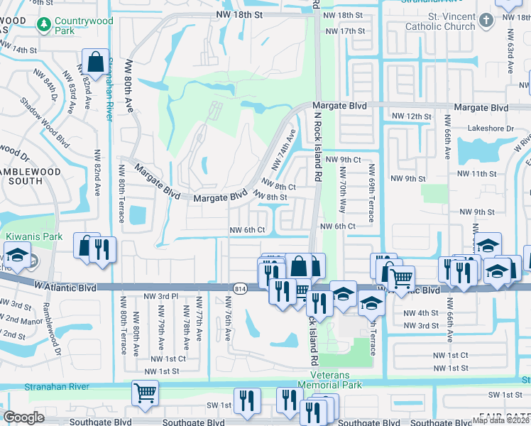 map of restaurants, bars, coffee shops, grocery stores, and more near 775 Northwest 74th Terrace in Margate