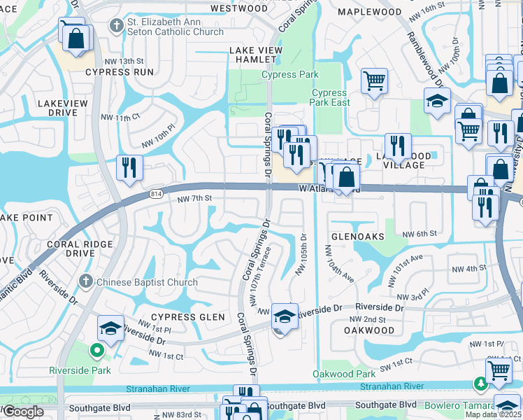 map of restaurants, bars, coffee shops, grocery stores, and more near 663 Northwest 107th Lane in Coral Springs