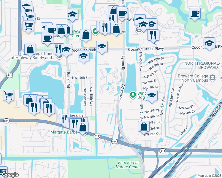 map of restaurants, bars, coffee shops, grocery stores, and more near 651 Lyons Road in Coconut Creek