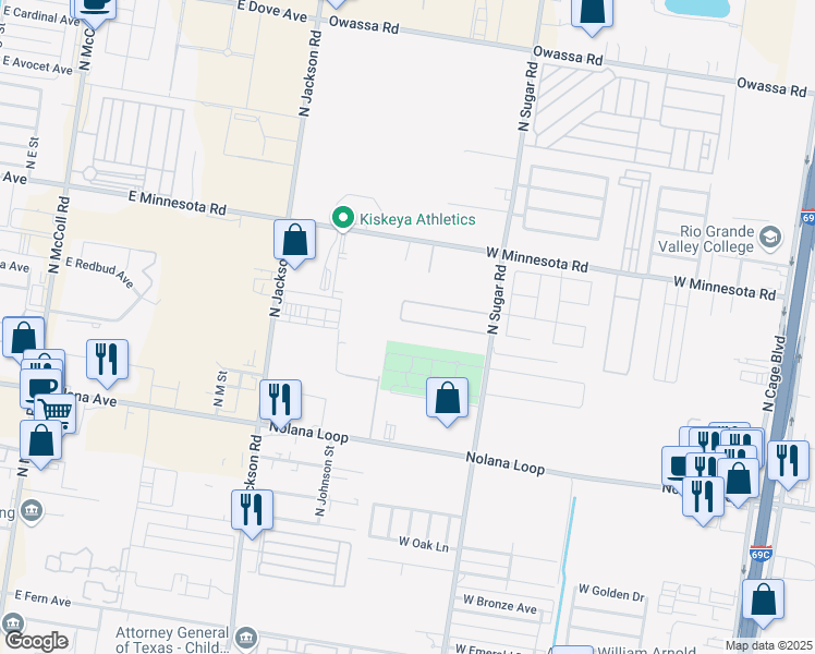map of restaurants, bars, coffee shops, grocery stores, and more near 1503 West Kiwi Avenue in Pharr