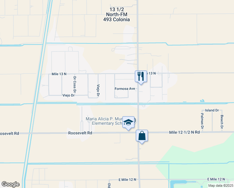 map of restaurants, bars, coffee shops, grocery stores, and more near 8608 Formosa Avenue in Donna