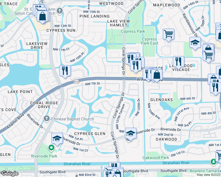 map of restaurants, bars, coffee shops, grocery stores, and more near 10885 Northwest 6th Street in Coral Springs