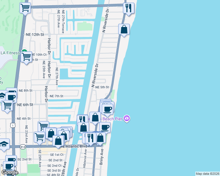 map of restaurants, bars, coffee shops, grocery stores, and more near in Pompano Beach