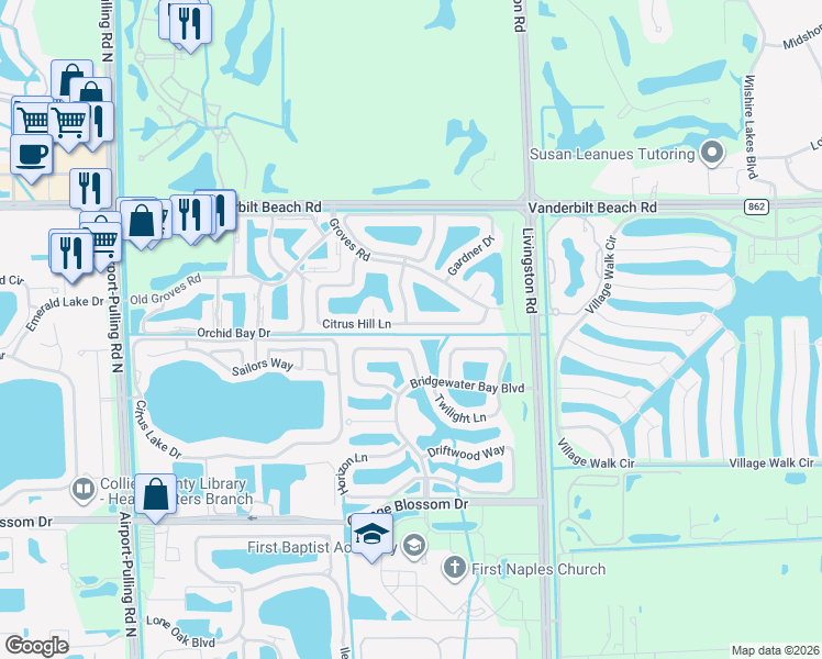 map of restaurants, bars, coffee shops, grocery stores, and more near 7565 Citrus Hill Lane in Naples