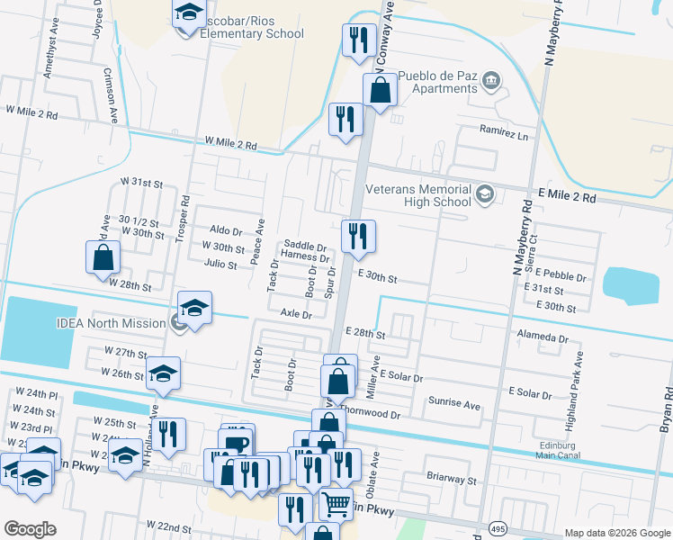 map of restaurants, bars, coffee shops, grocery stores, and more near 3012 Spur Drive in Mission