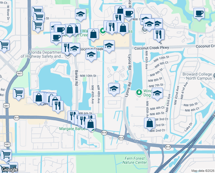 map of restaurants, bars, coffee shops, grocery stores, and more near 741 Lyons Road in Coconut Creek