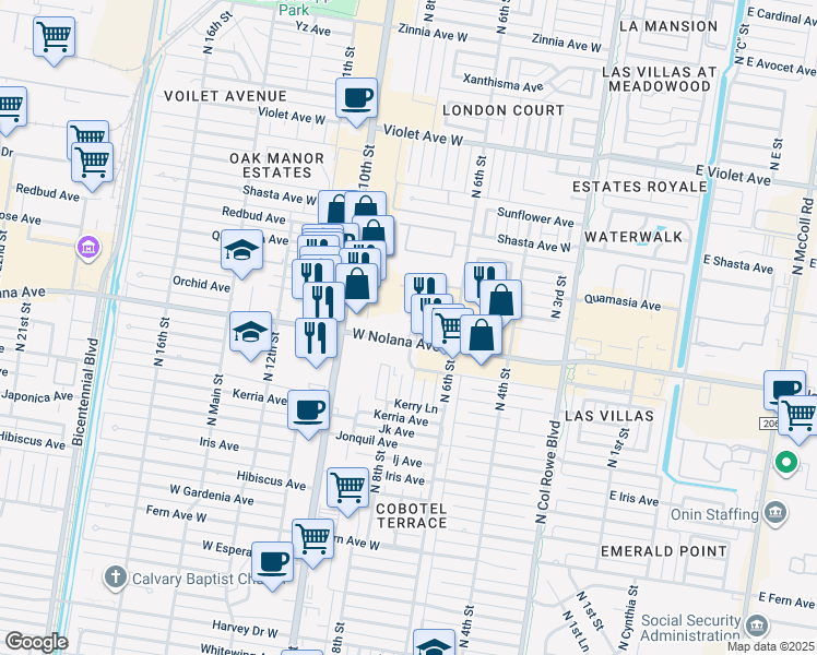 map of restaurants, bars, coffee shops, grocery stores, and more near 720 West Nolana Avenue in McAllen