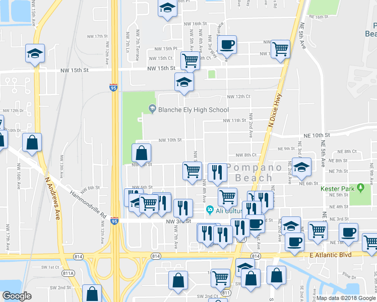 map of restaurants, bars, coffee shops, grocery stores, and more near 861 Northwest 5th Avenue in Pompano Beach
