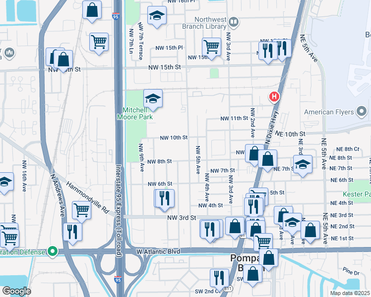 map of restaurants, bars, coffee shops, grocery stores, and more near 851 Northwest 6th Avenue in Pompano Beach
