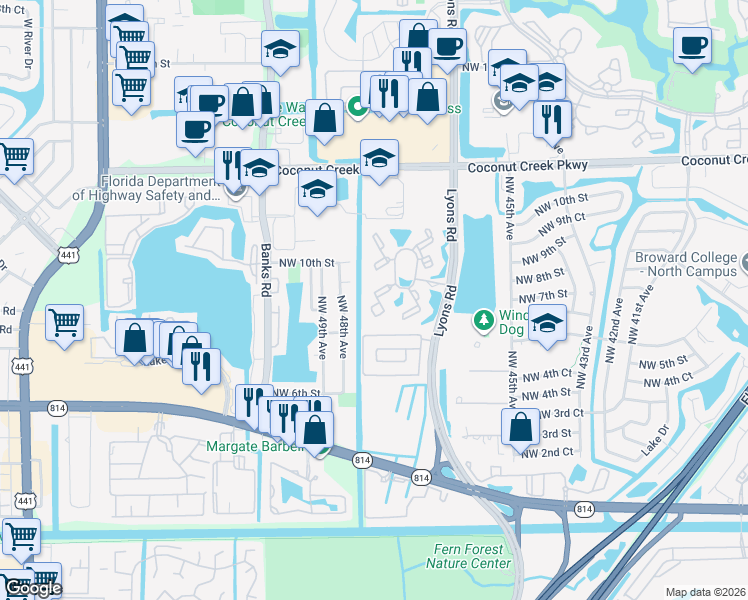 map of restaurants, bars, coffee shops, grocery stores, and more near 741 Lyons Road in Coconut Creek