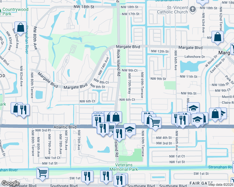 map of restaurants, bars, coffee shops, grocery stores, and more near 145 North Rock Island Road in Margate