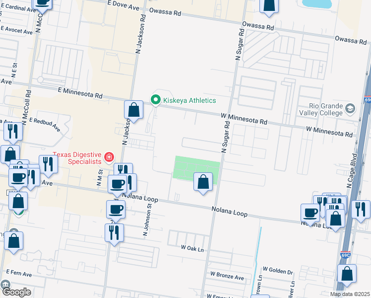map of restaurants, bars, coffee shops, grocery stores, and more near 1407 West Kiwi Avenue in Pharr