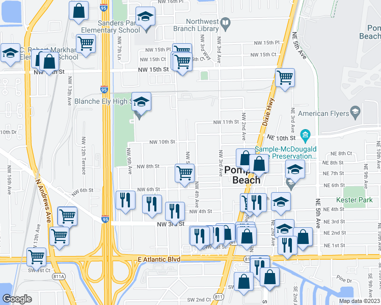 map of restaurants, bars, coffee shops, grocery stores, and more near 860 Northwest 5th Avenue in Pompano Beach