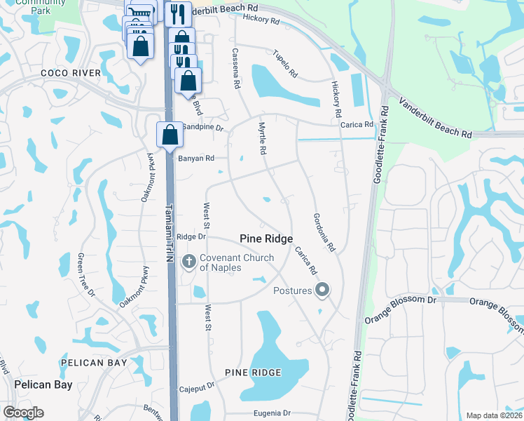 map of restaurants, bars, coffee shops, grocery stores, and more near 590 Carica Road in Naples