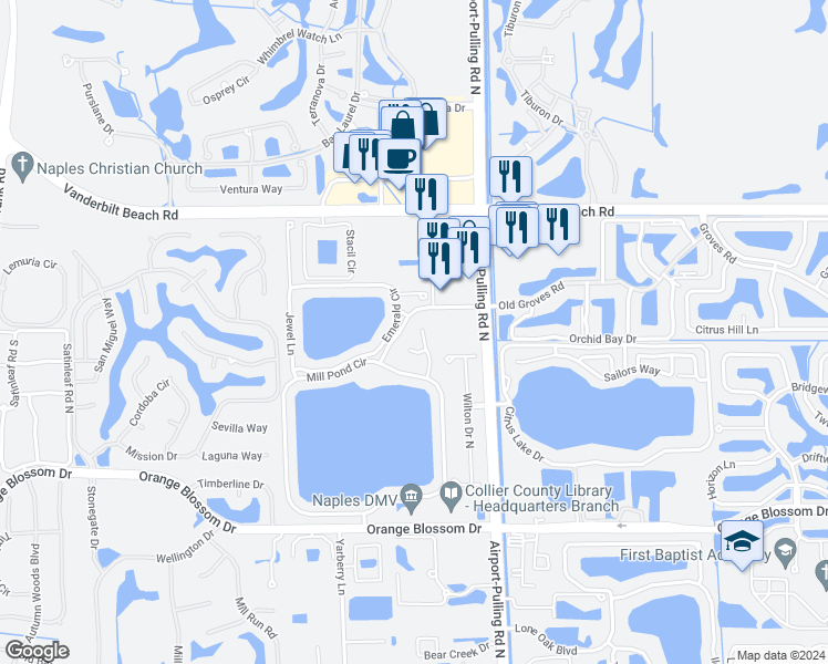 map of restaurants, bars, coffee shops, grocery stores, and more near 7647 Mill Stream Drive in Naples