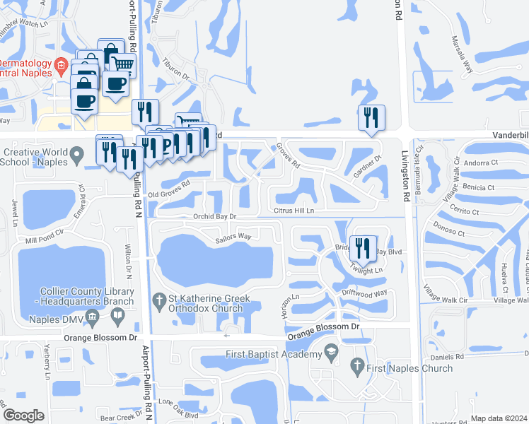 map of restaurants, bars, coffee shops, grocery stores, and more near 2486 Orchid Bay Drive in Naples