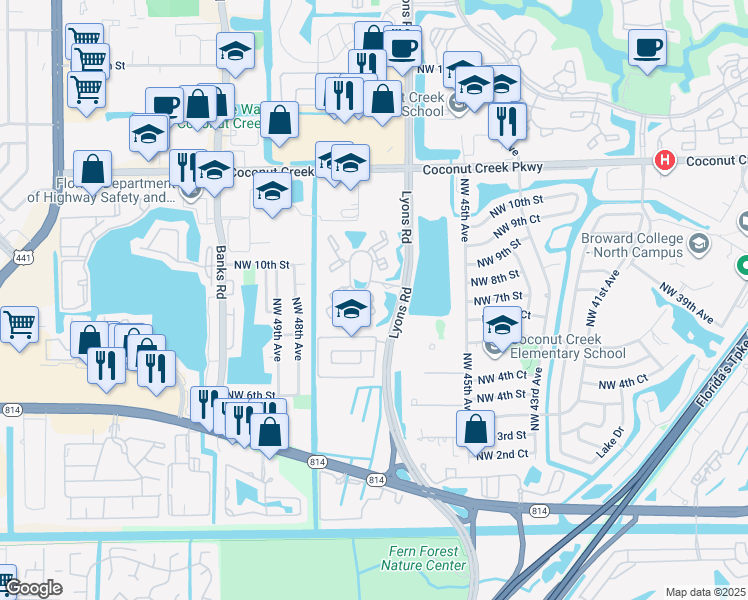 map of restaurants, bars, coffee shops, grocery stores, and more near 651 Lyons Road in Coconut Creek