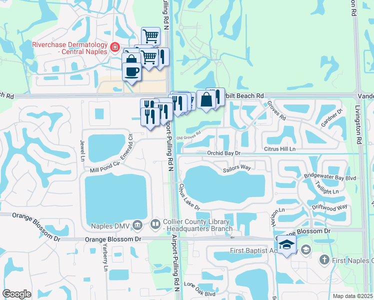 map of restaurants, bars, coffee shops, grocery stores, and more near 2426 Orchid Bay Drive in Naples