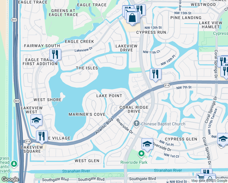 map of restaurants, bars, coffee shops, grocery stores, and more near 11721 West Atlantic Boulevard in Coral Springs